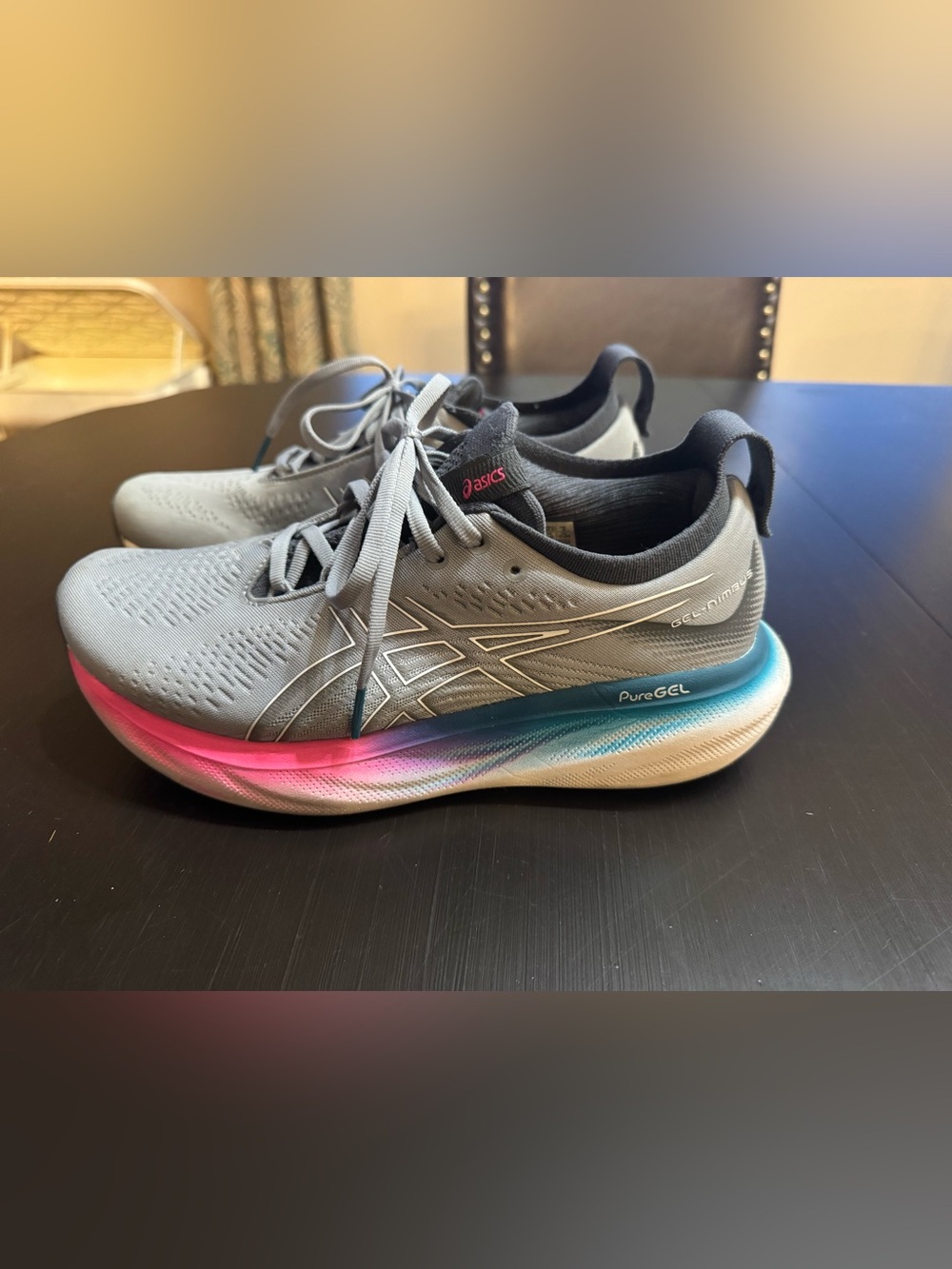 ASICS Nimbus Grey Trainers with Pink-to-Blue Gradient Sole